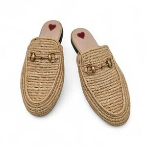 Gucci Princetown Horsebit Flat Mule Slipper Raffia Beige Gold Size 37 US 7